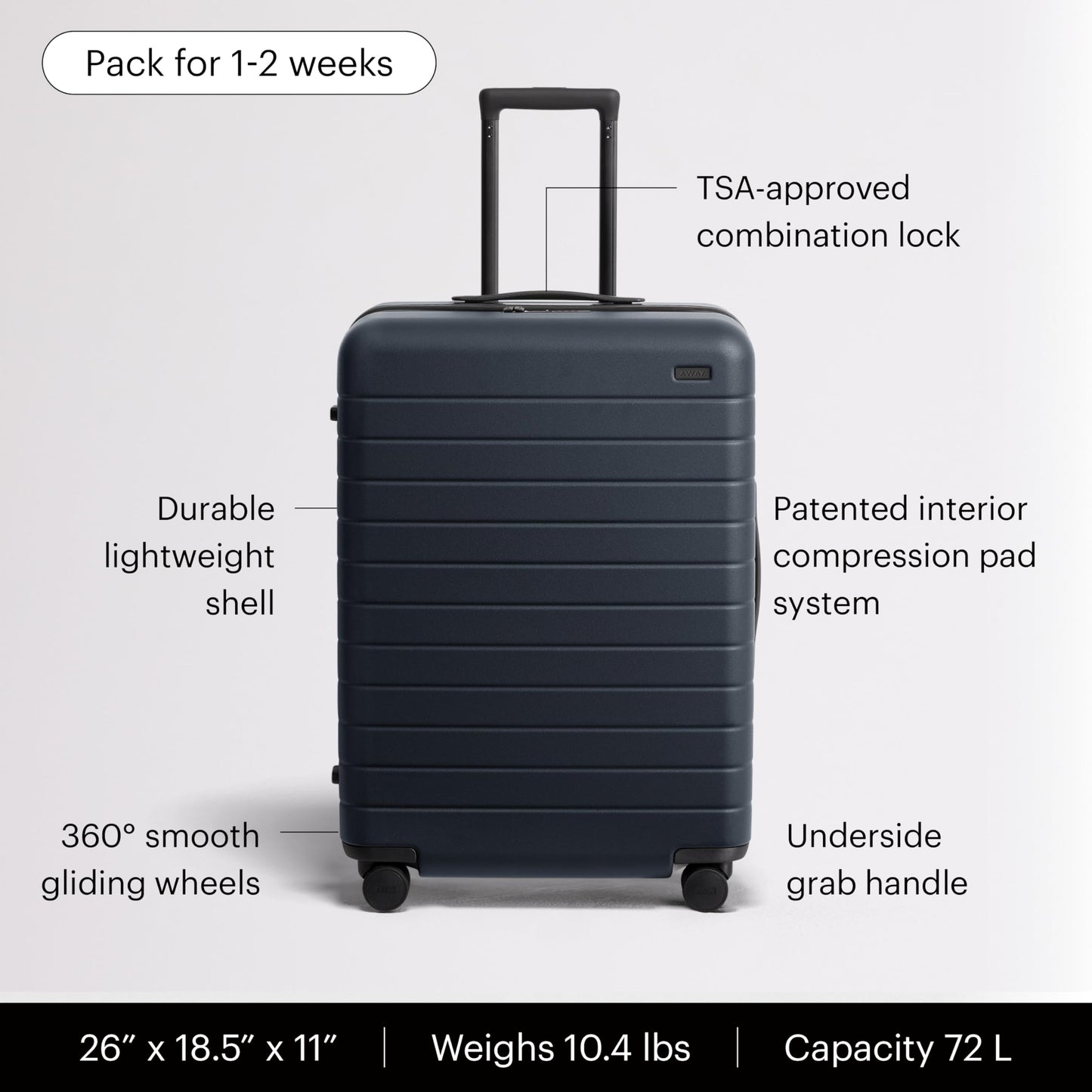 Away Medium Checked Luggage - 26-Inch Lightweight Hardside Suitcase with Custom WhisperGlide 360° Wheels, Interior Compression System, TSA-Accepted Lock - Navy Blue