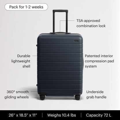 Away Medium Checked Luggage - 26-Inch Lightweight Hardside Suitcase with Custom WhisperGlide 360° Wheels, Interior Compression System, TSA-Accepted Lock - Navy Blue