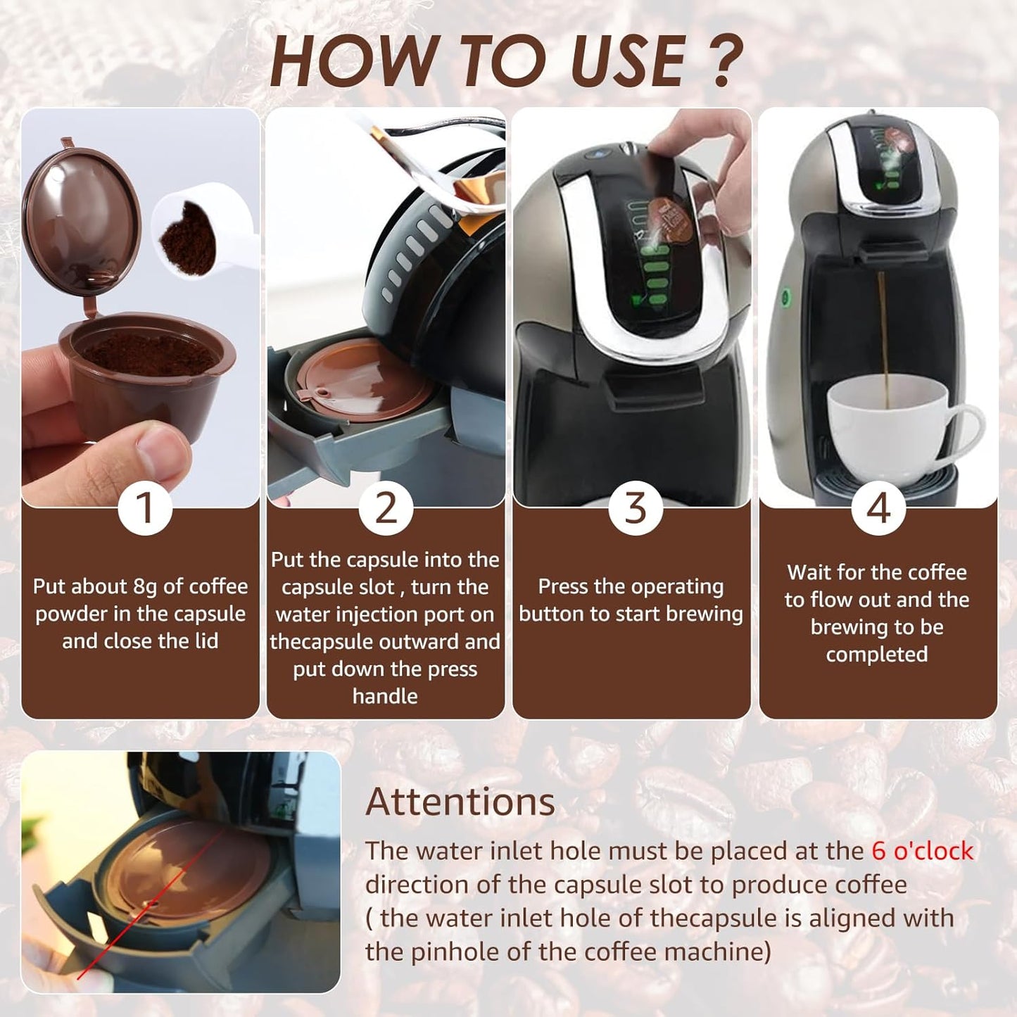6 Pcs Refillable Coffee Pods Kit, 5.4x3.5 cm Food Grade PP Coffee Capsule with 2 Spoon and 2 Brush