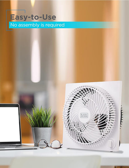 BLACK+DECKER 9-Inch Frameless Box Fan - Portable 3-Speed Desk Fan for Home Office & Garage, White