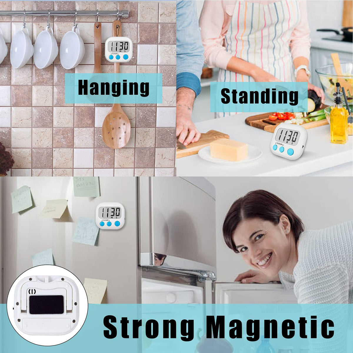 12 Pack Digital Kitchen Timers for Cooking Magnetic Timer for Cooking Loud Alarm White