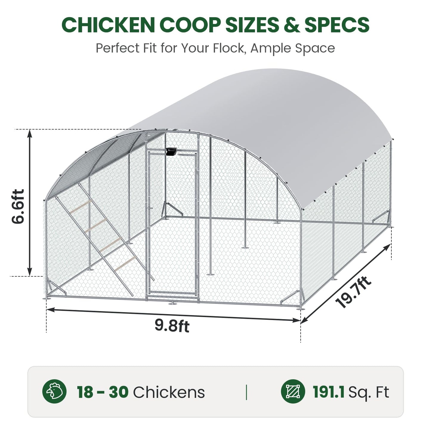 Chicken Coop Large Metal Chicken Run with Full-Top Waterproof Cover - Chicken House for 24/30 Chickens, Poultry Cage with Solar Light, Backside Poles, Walk-in Pen for Rabbits Ducks Yard 3 Room