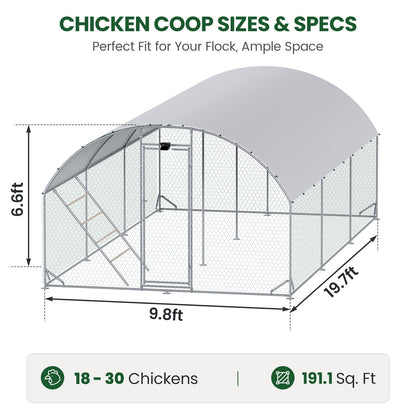 Chicken Coop Large Metal Chicken Run with Full-Top Waterproof Cover - Chicken House for 24/30 Chickens, Poultry Cage with Solar Light, Backside Poles, Walk-in Pen for Rabbits Ducks Yard 3 Room