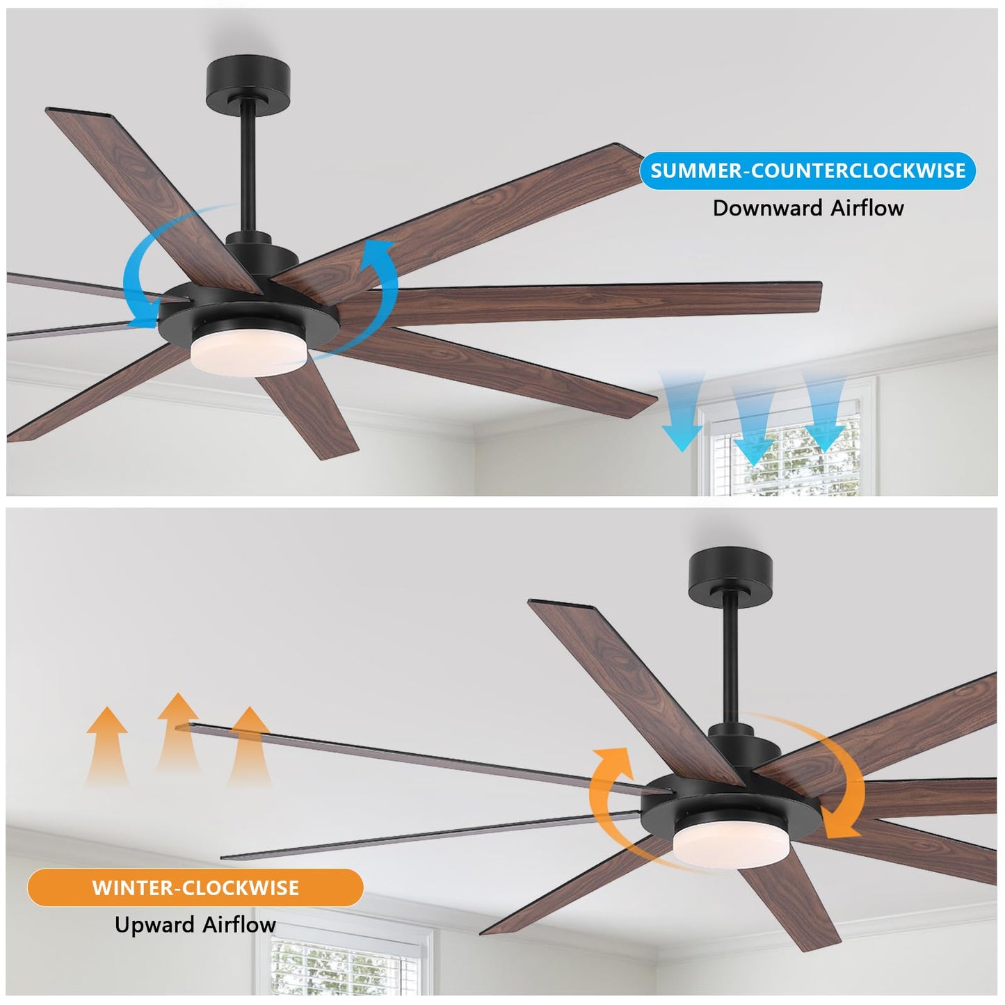 WINGBO 72" Ceiling Fan with Light and Remote Control, 6 Speed Reversible DC Motor, Dimmable LED Light, for Home and Commercial Use, Living Room/Shop/Warehouse Black/Walnut