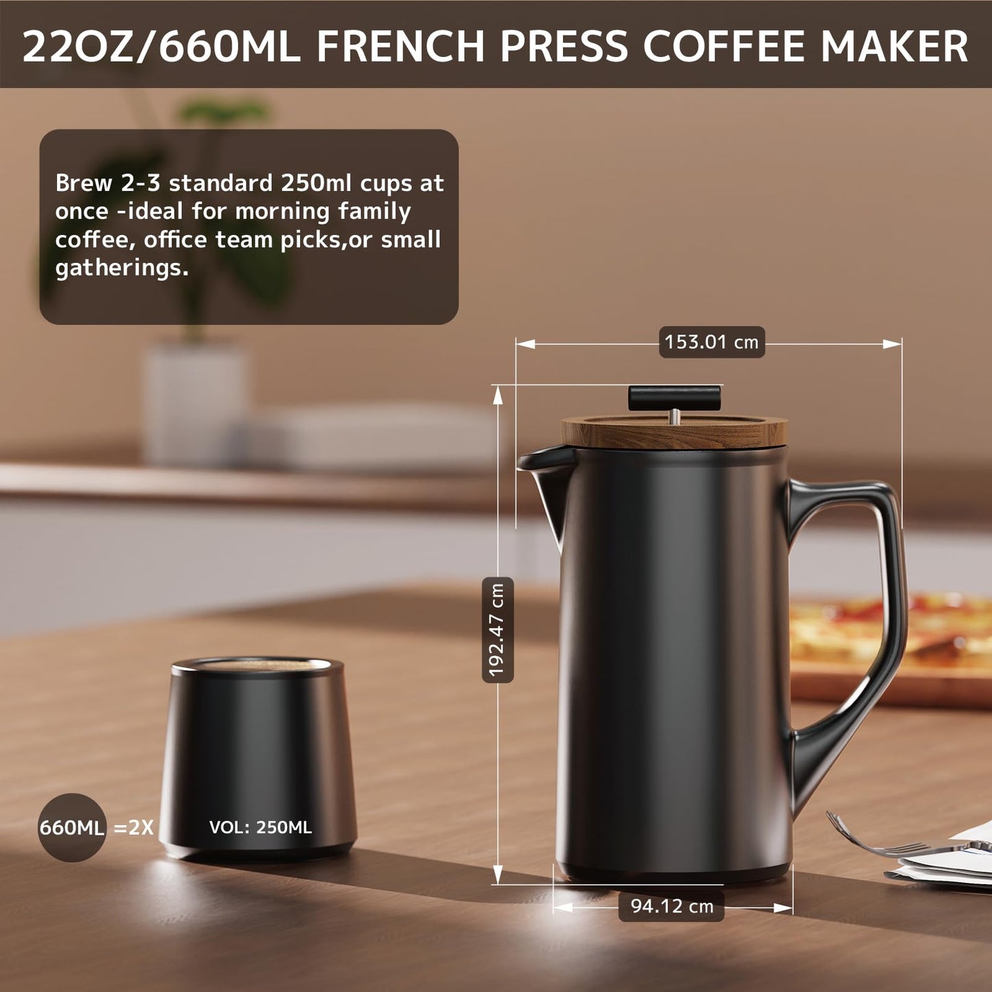 DHPO Ceramic French Press Coffee Maker, 22oz Single Serve Coffee Press with Walnut Wood Lid, Lead-Free, Food Grade Stainless Steel Filter with Dual Screen for Coffee and Loose Tea, Black