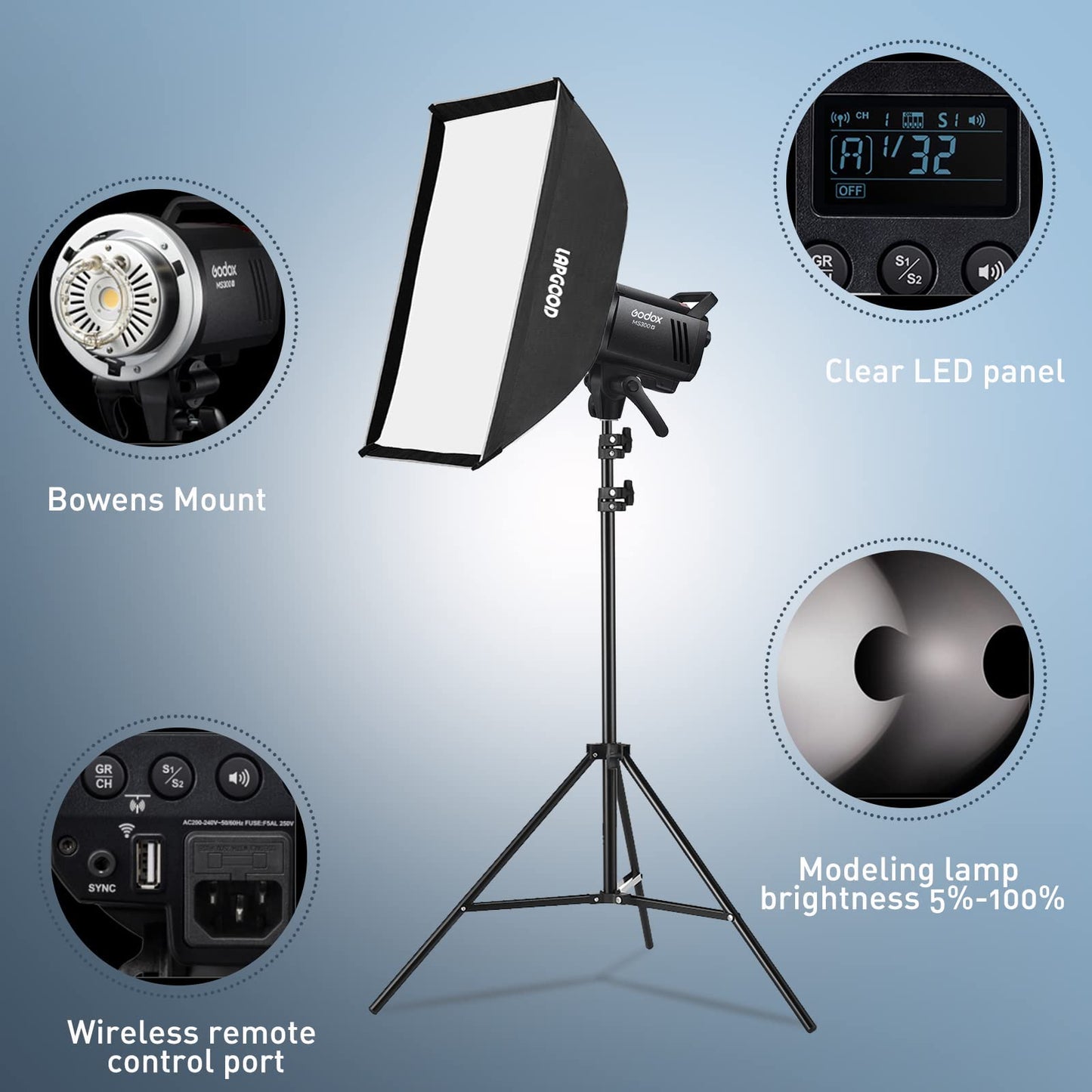 Godox MS300V Studio Flash Kit (2X 300W) with 2 Softboxes, 2 Light Stands, 2 Reflectors, LED Modeling Lamps, 2.4G Wireless X System, Bowens Mount – Ideal for Studio, Portrait & Fashion Photography