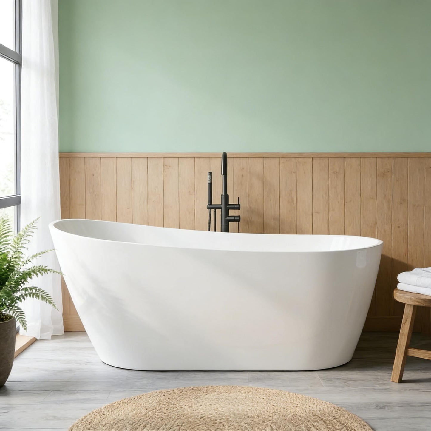 67" Freestanding Bathtub, Black Exterior White Interior Acrylic Stand Alone Soaking Tub, Modern Oval Bath with Ergonomic Design and Chrome Drain for Bathroom Remodel and Home Spa