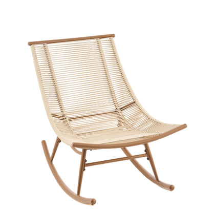 Christopher Knight Home Levi Arc Rocking Chair & Wooden Slat Side Table Set, PE Rattan+Iron Rocker Chair Set with Cushion, 2 Piece Patio Furniture Set with Cross-Stretcher End Table, Brown+Beige+Teak