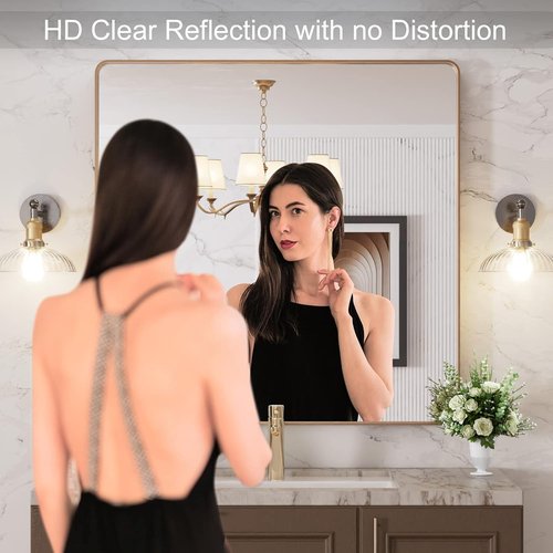 LOAAO Gold Bathroom Mirror - 36”X36” Rounded Rectangle Design, Anti-Rust Tempered Glass, Wall-Mounted