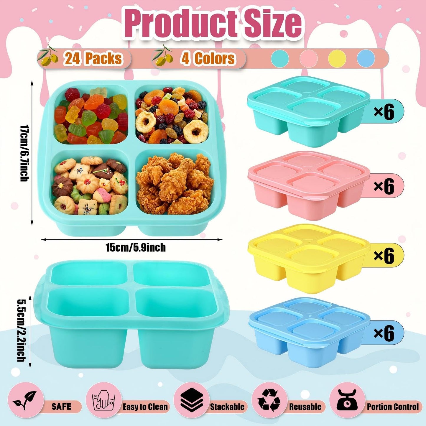 Acellegic 24 Pcs Bento Snack Box Containers Set 4 Compartment Food Storage Container with Lids Reusable Stackable Lunch Box for Family, Work, Travel, Microwave and Dishwasher Safe (4 Color)