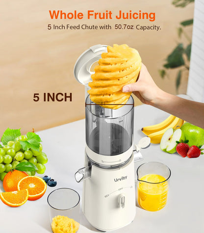 Juicer Machines, 2-in-1 Cold Press Juicer for Juice & Sorbet, suit for Vegetable and Fruit with 5-Inch Wide Chute, Powerful Masticating/High-Yield High Nutrients/Rev Mode/Easier Clean (White)