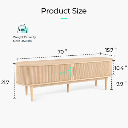 LINSY HOME 70" Fluted TV Stand for TVs up to 80 Inch, Mid Century Modern Entertainment Center with Storage Cabinet and Sliding Doors, Farmhouse Wood Media TV Console for Living Room, Bedroom, Oak