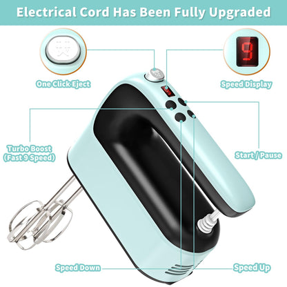 Yomelo 9-Speed Digital Hand Mixer Electric, 400W Powerful DC Motor, Hand Mixer Electric Handheld with Snap-On Storage Case, 5 Stainless Steel Accessories, Beaters, Dough Hooks, Whisk(Ice Blue/Black)