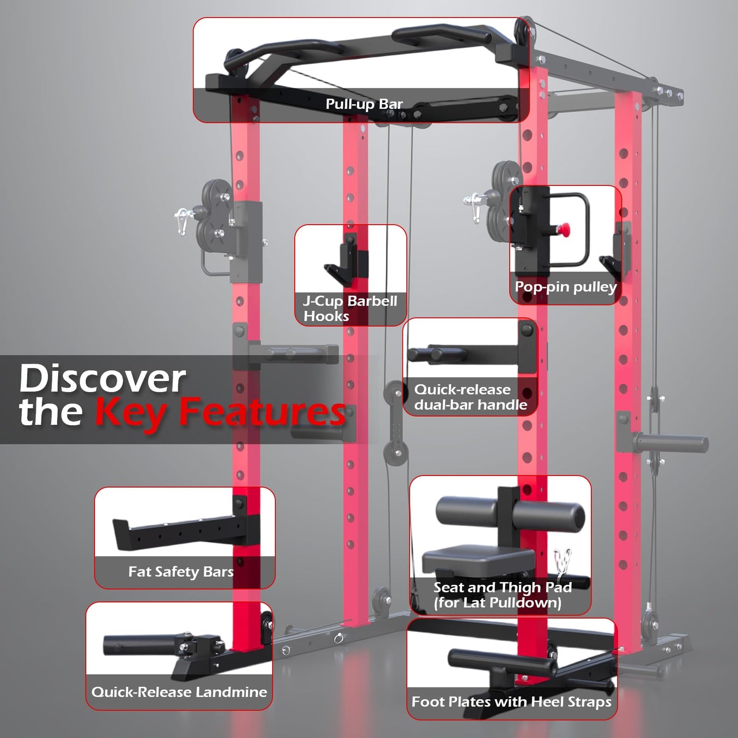 Power Rack with LAT Pulldown & Dual Pulley, 2000lbs Squat Rack for Home Gym, All-in-One Strength Training Cage with Cable Crossover, Bench Press & Pulley Workout System for Garage