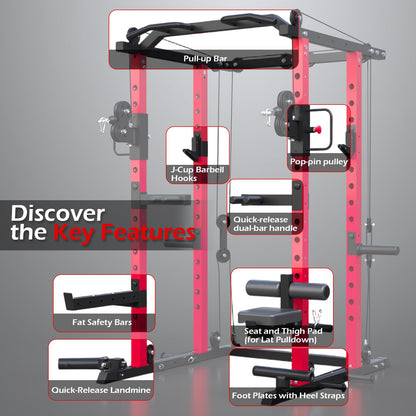 Power Rack with LAT Pulldown & Dual Pulley, 2000lbs Squat Rack for Home Gym, All-in-One Strength Training Cage with Cable Crossover, Bench Press & Pulley Workout System for Garage