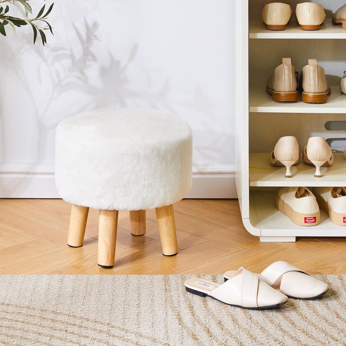 12.6" D12.6" W12.6" UHBD035W YMYNY Round Pouf Ottoman Small Foot Stool Faux Fur Foot Rest for Couch Modern Boho