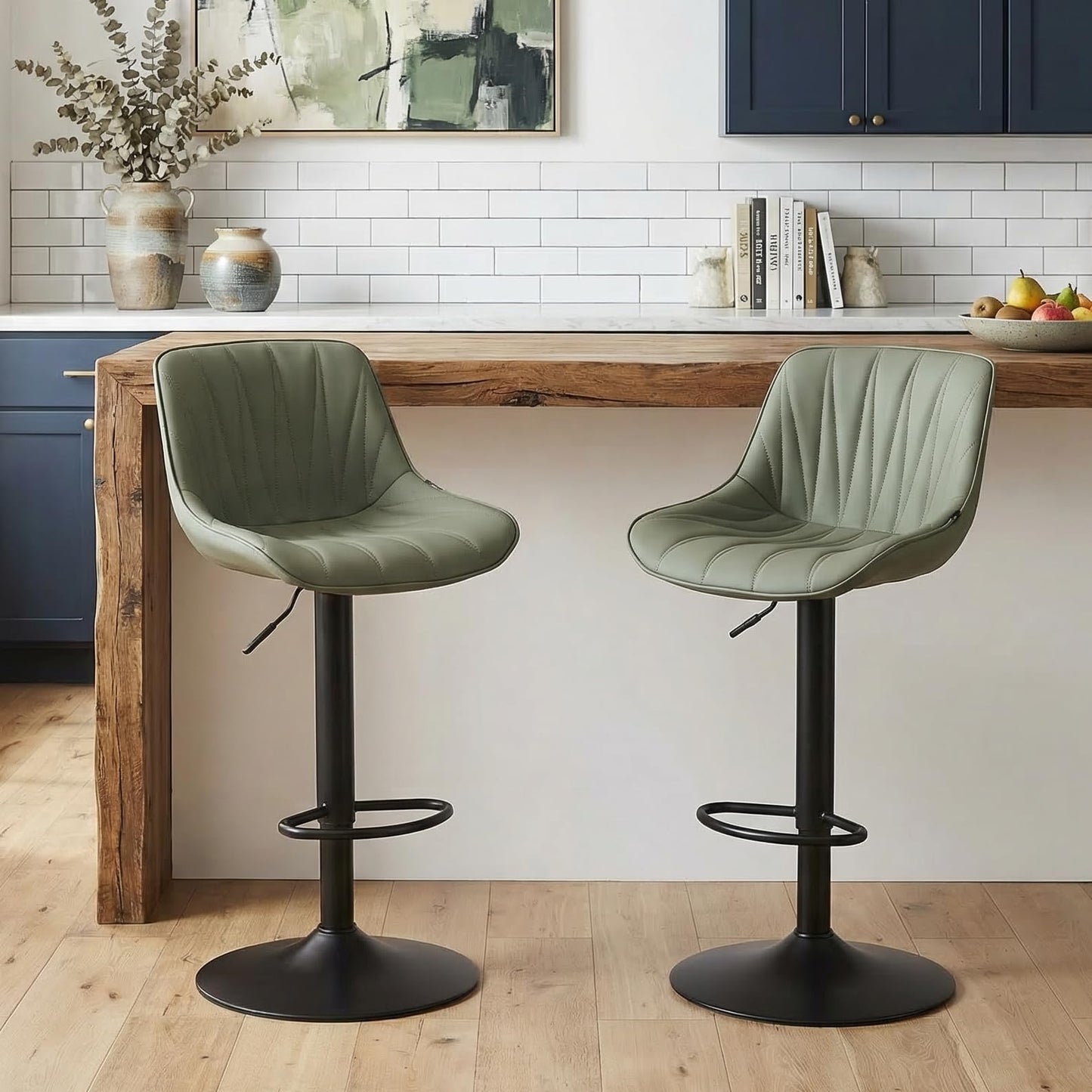 YOUNIKE Bar Stools Set of 2, Faux Leather Padded Bar Stool Counter Height Swivel Bar Chairs, Adjustable Barstools with Back for Kitchen Island, Modern Tall Bar Stools, Olive Green