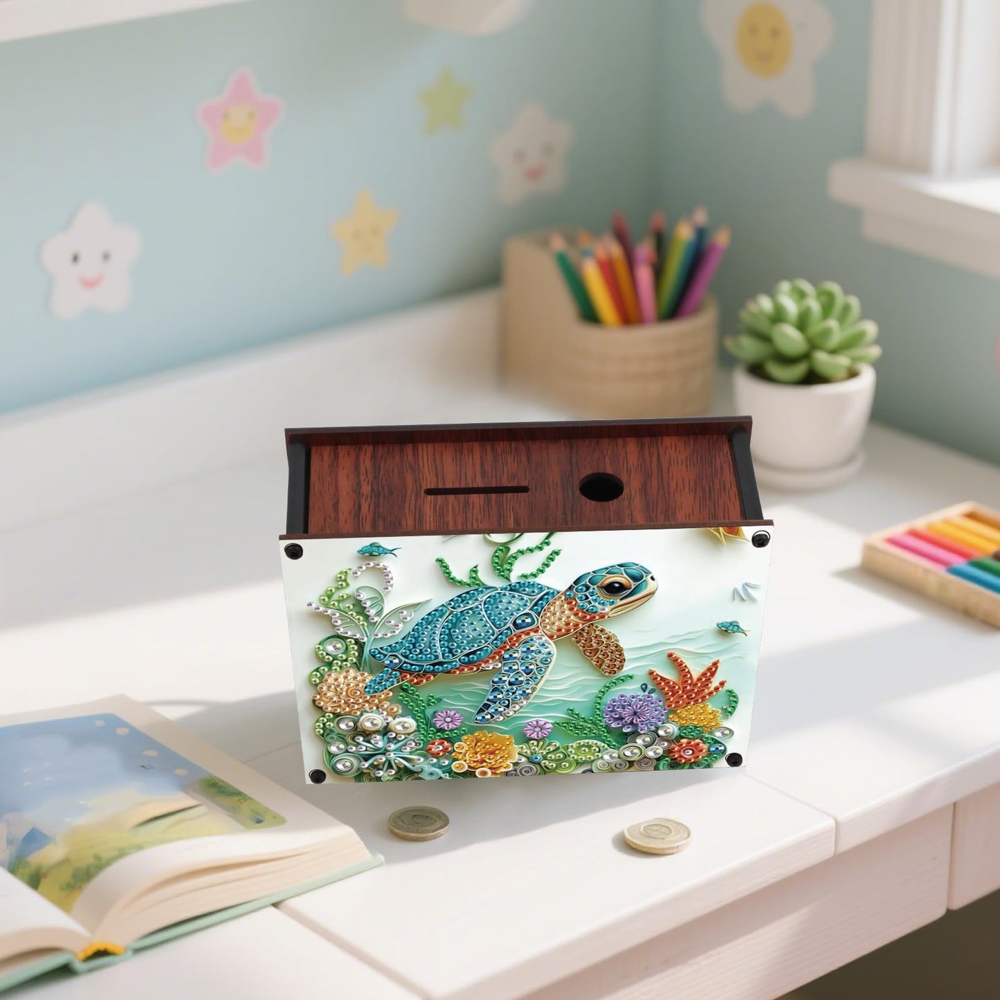 JZHYOAN Diamond Art Painting Acrylic Piggy Bank, DIY Sea Turtle Diamond Art Painting Creative Design Coin Savings Bank, Diamond Art Special Shape Partial Mosaic Money Saving Box for Adults