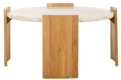 SAFAVIEH Couture Collection - Damarcus Travertine Top Round Coffee Table with Natural Brown Solid Wood Base, Modern Accent Cocktail Table (SFV9731A)