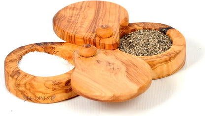 2 Beldinest Double Salt Keeper Pepper Keeper, Handmade From Olive Wood Compartment Salt Box