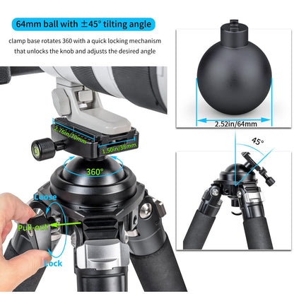 INNOREL P404C 72" Carbon Fiber Tripod for Hunting with Arca Swiss Dovetail Mount and 360° Ballhead(2.5"), 40mm Tube Tripods with Heavy Duty Construction for Photography and Outdoors, Load 88lb/40kg