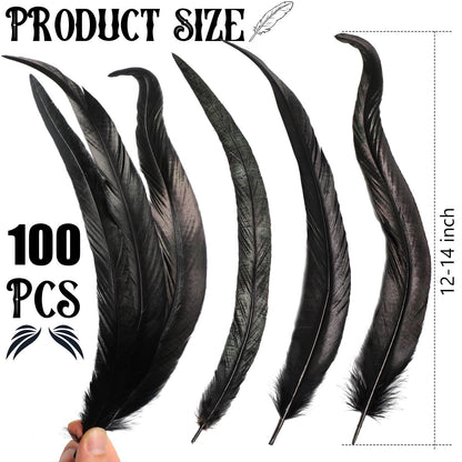 Yuxung Black Craft Feathers Bulk 100 Pcs, 12-14 Inch Long Natural Rooster Tail Feathers Party Decoration for Party Birthday Wedding DIY Crafts Costume Performances Ornaments