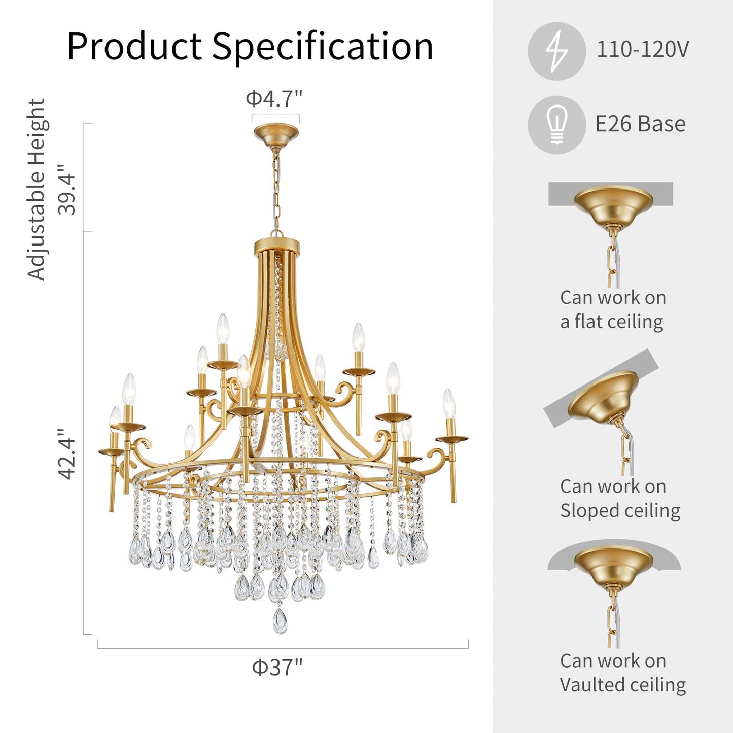 WUZUPS Candle Chandelier 12-Light Wagon Wheel Pendant Ceiling Light Modern Lighting Fixture for Bedroom Hallway Bar Kitchen Dinning Living Room Bathroom, Gold