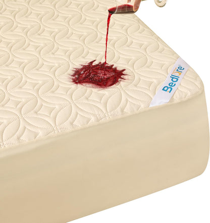 BEDLORE Waterproof Mattress Protector - Noiseless Queen Size Pad with Deep Pocket 6"-18" Depth - Soft & Washable Beige Cover