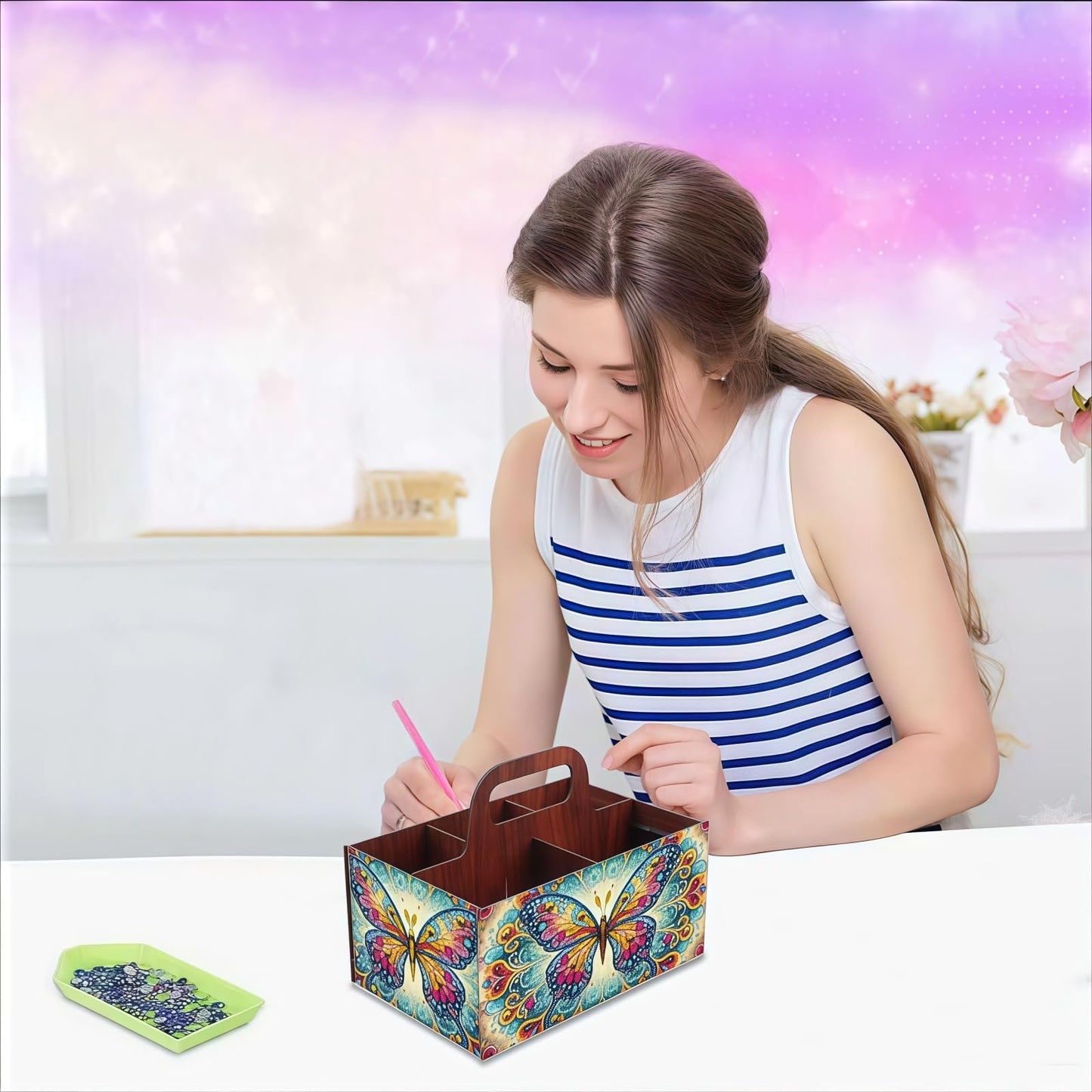 LSQFS DIY Diamond Painting Storage Box, Wooden Multi-Grid Organizer with Handle, Portable Desktop Caddy for Art Kits, Craft Tools, Makeup Brushes, Stationery Home Office