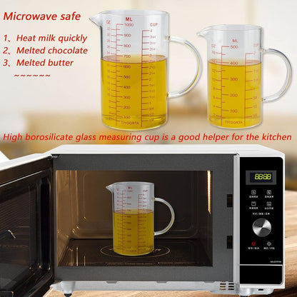 Hand Crank Egg Beater Measuring Container Combo Set, Rotary Double Head Rapid Egg Beater with 4Cups Borosilicate Glass Meausring Cup for Cooking n Baking