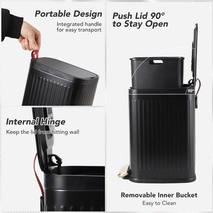 Black and Gold Bathroom Accessories Set 9 PCS, Bathroom Sets with Stainless Steel Trash Can,Toilet Brush and Plastic Toothbrush Set,Soap Dispenser and Shower Curtain, 2PCS Rugs for Bath Decor