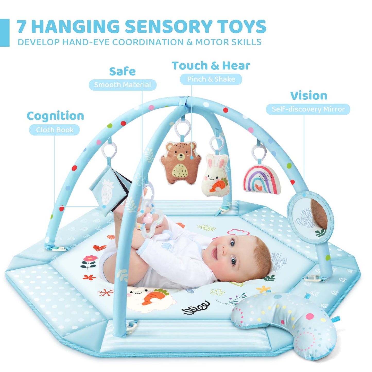 Baby Gym Play Mat, 8-in-1 Tummy Time Mat & Ball Pit with 6 Toys, Washable Baby Activity Mat for Visual, Hearing, Sensory, Motor Development, Baby Gift for Newborn Infant 0-3-6-9-12 Months (Blue)