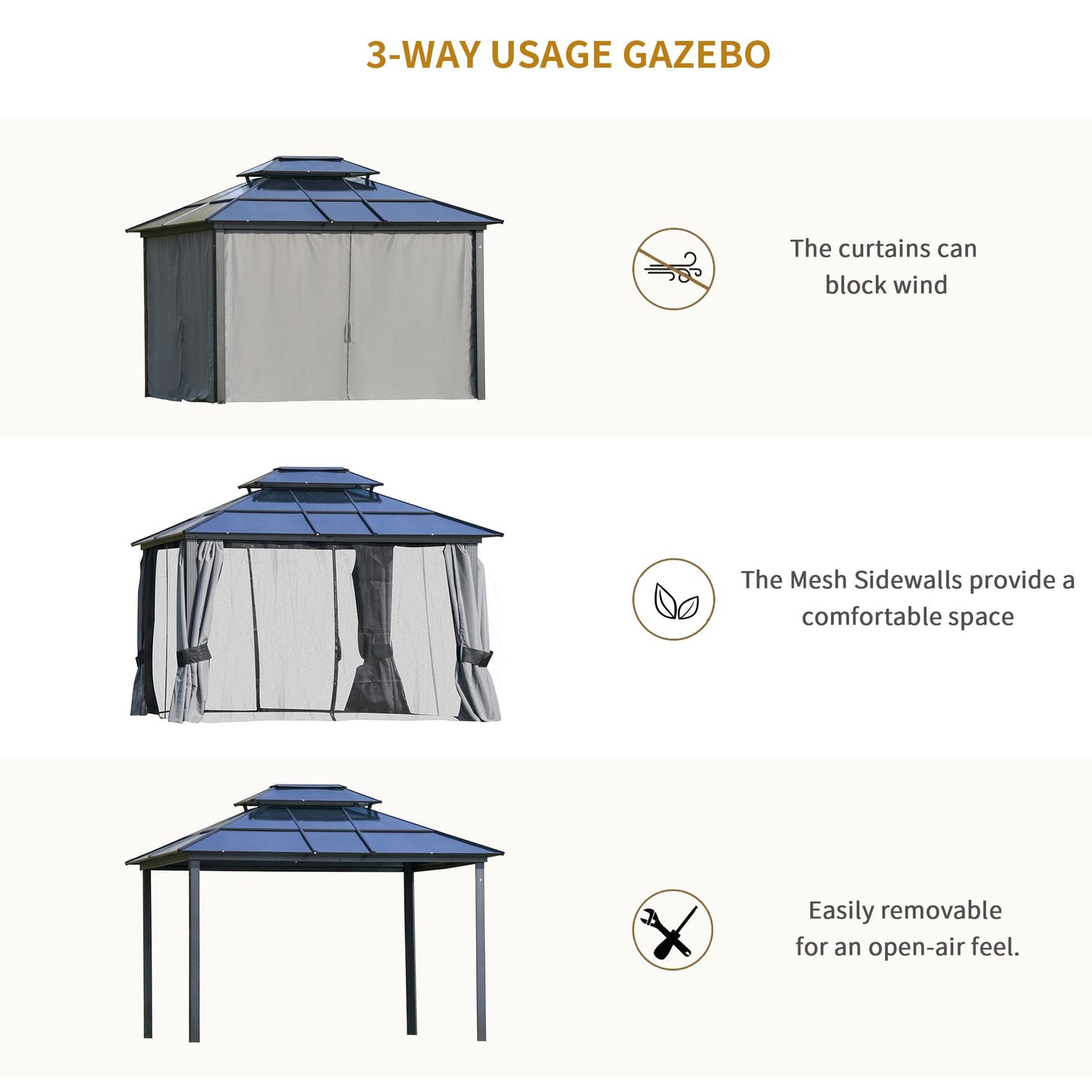 Outsunny 10' x 12' Hardtop Gazebo Canopy with Polycarbonate Roof, Aluminum Frame, Permanent Pavilion Outdoor Gazebo with Netting, for Patio, Garden, Backyard, Deck, Lawn, Light Gray