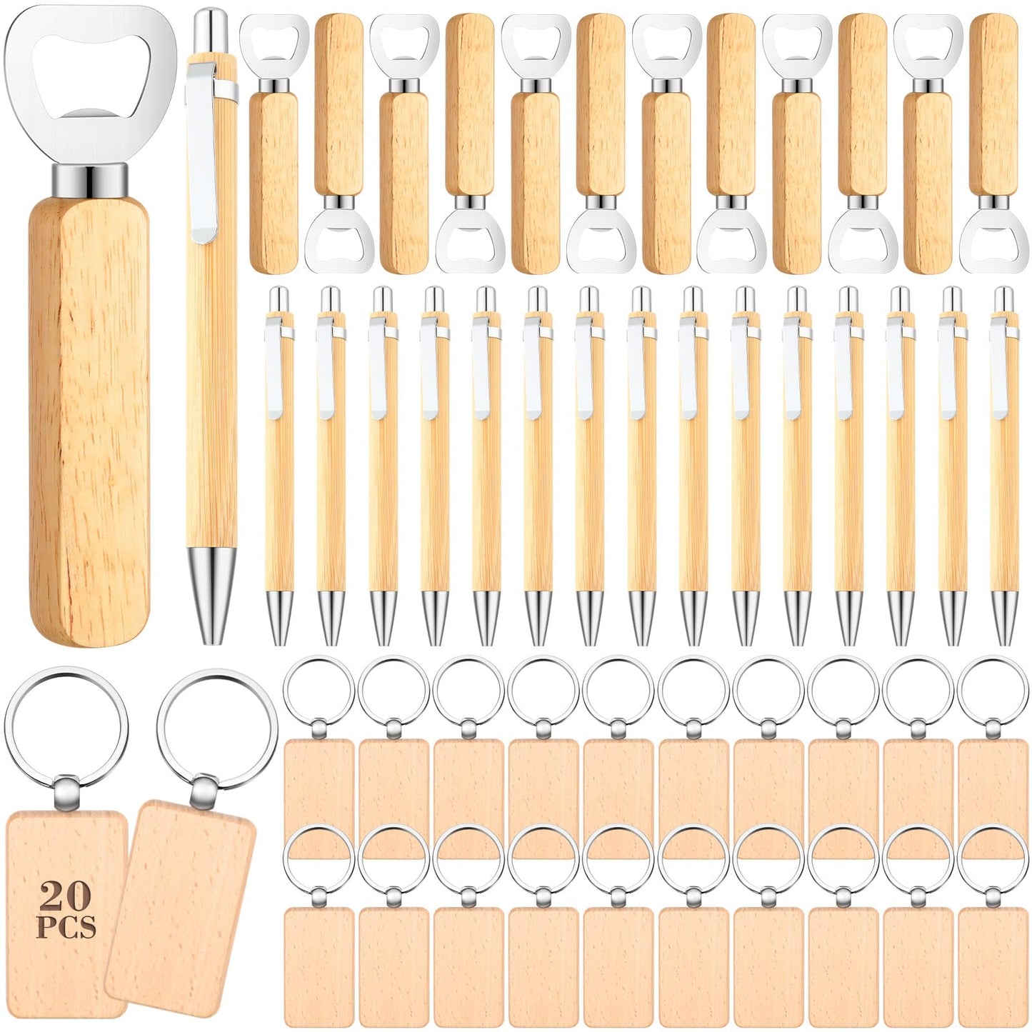SiliFine 60 Pcs Laser Blanks Product Laser Engraving Material Kit Including DIY Wooden Blank Bottle Opener, Wooden Keychain, and Bamboo Pen for Kitchen Wedding Party Bar Home Craft