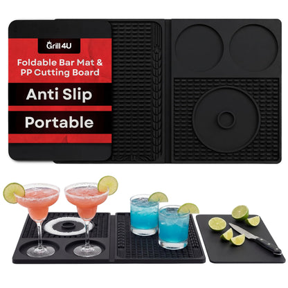 Foldable Bar Mat with Cutting Board - 18" x 12" Professional Bartending Station - Non-Slip Silicone Drip Mat for Home Bar, RV Bar, Outdoor Bar & Events - Easy Storage Bar Accessories