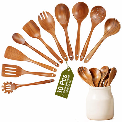 10 Piece Teak Wooden Spoons For Cooking, Wooden Kitchen Utensil Set, Organic Non Toxic Cooking Utensils, Large Serving Spoons