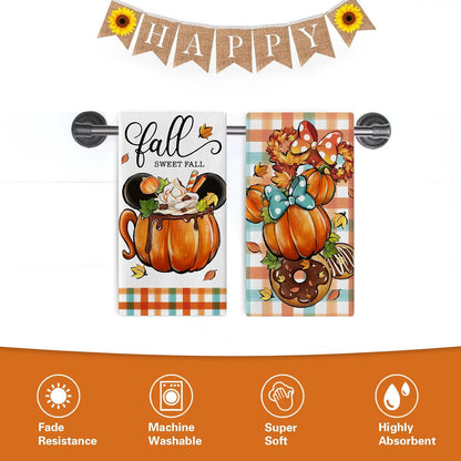 Fall Sweet Fall Cartoon Mouse Pumpkin Kitchen Dish Towels Set of 2 - Autumn Coffee Wreath Doughnut Drying Cloths