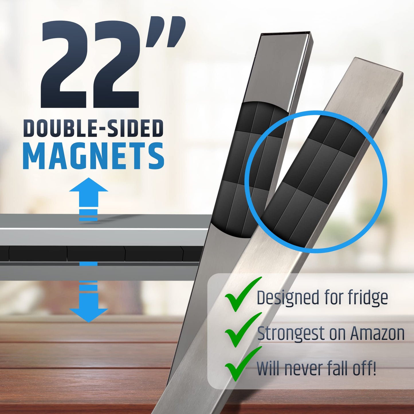 22" Premium Magnetic Knife Holder for Refrigerator (Double-Sided Heavy-Duty Magnets) - Upgraded Strip for Strong Fridge Mount - Clear Up Counter Space - 304 Anti-Rust Stainless Steel (Upgraded Design)