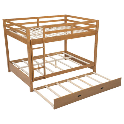 Merax Modern Queen Over Queen Size Wood Bunk Bed with Ladder and Twin XL Trundle, No Box Spring Required, Space-Saving, Wood Color