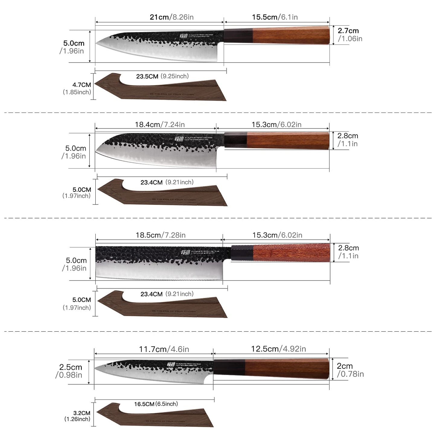FINDKING Kitchen Knife Set with Individual Wooden Blocks, 4 Japanese Knives with Walnut Edge Guards, High Carbon Steel Blades, for Meat, Fruits, Vegetables, Dynasty Series