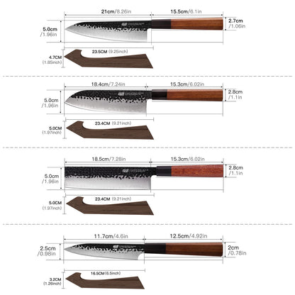 FINDKING Kitchen Knife Set with Individual Wooden Blocks, 4 Japanese Knives with Walnut Edge Guards, High Carbon Steel Blades, for Meat, Fruits, Vegetables, Dynasty Series