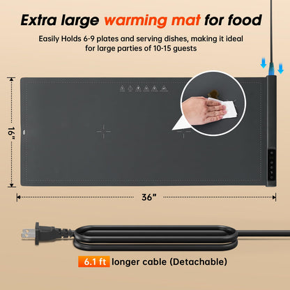 Warming Mat For Food Extra Large- 36"x16" Electric Warming Trays for Buffets Party, Food Warmers For Thanksgiving, Christmas House Warming Gift, Portable Heating Mat with 9 Temp Settings & 6H Timer