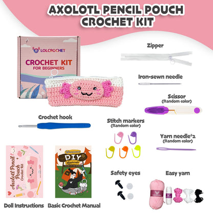 Axolotl Crochet Kit for Beginners, Learn to Crochet Pencil Bag Starter Set with Video Tutorial & Crocheting Manual, Easy Yarn Knitting Kit for Adult, DIY Amigurumi Birthday Xmas Gift Idea