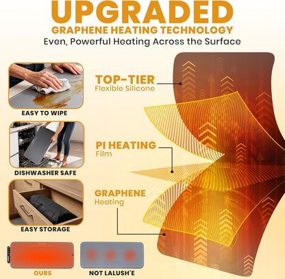 Lalush'e Electric Food Warming Mat, XXL 36x15" - Portable Food Warmer for Parties, Hosting & Buffet Serving Foldable Graphene Heating Tray with 7 Temp Settings, Spoon Rest and Travel Isolation Pad