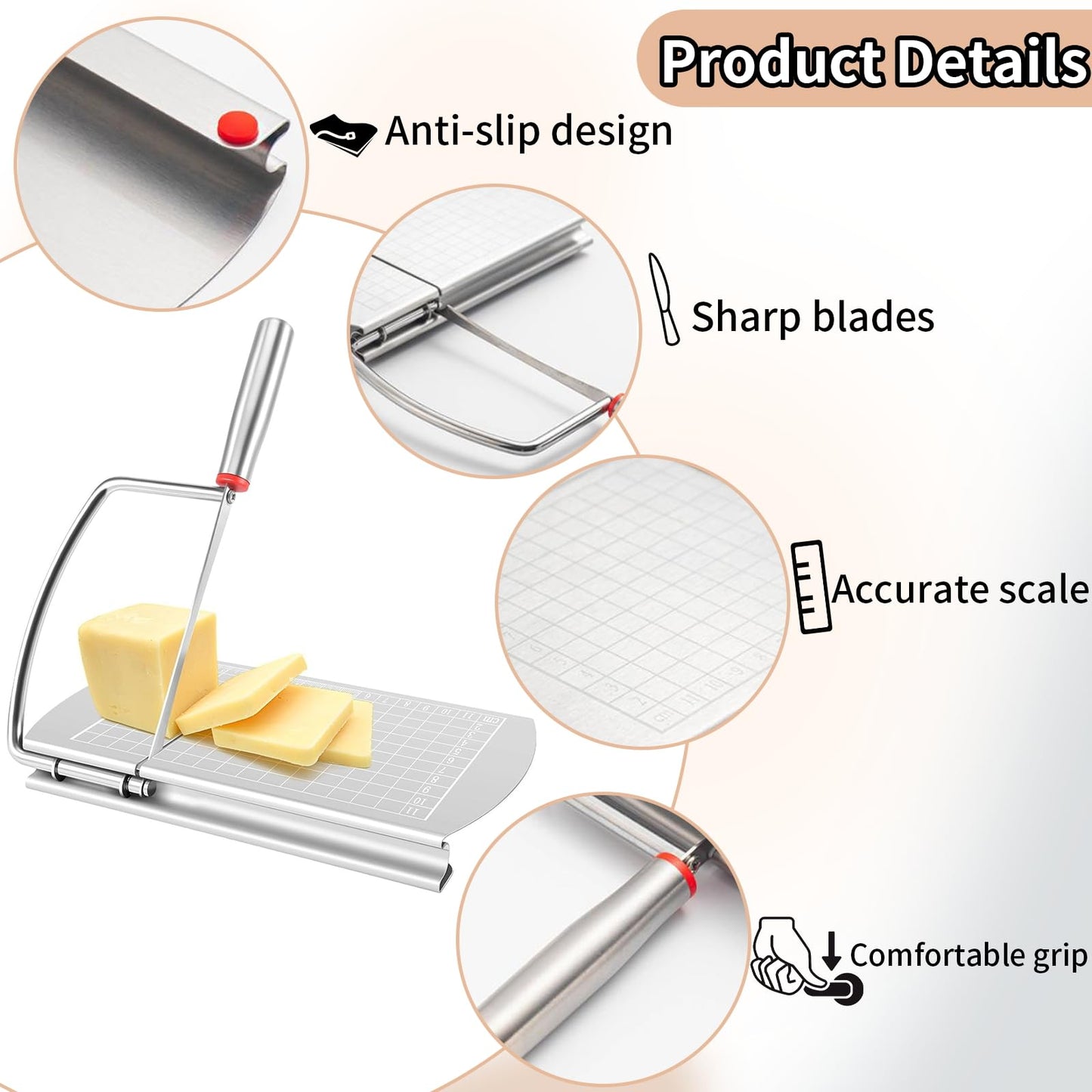 YIHAOSSING Cheese Slicer,Stainless Steel Cheese Cutter,Multipurpose Cheese Slicers with Grid Scale and Anti Slip Rubber Pads for cutting Cheese,Butter,Sausages,Bread