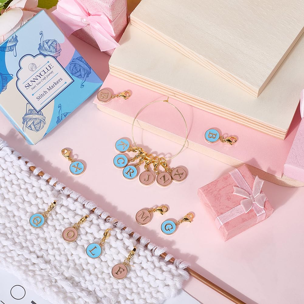 SUNNYCLUE 1 Box 52Pcs 26 Styles Letter Stitch Markers Crochet Stitch Charms Enamel Alloy Alphabet A to Z Capital Pink Blue Lobster Claw Clasps Charm for DIY Crocheting Knitting Sewing Weaving Crafts