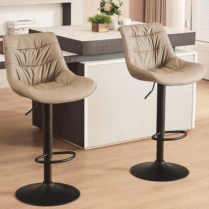 Kidol & Shellder Adjustable Bar Stools Set of 2, Faux Leather Counter Height BarStools with Back and Metal Base, Modern Mid Century Upholstered Bar stools for Kitchen Island Khaki