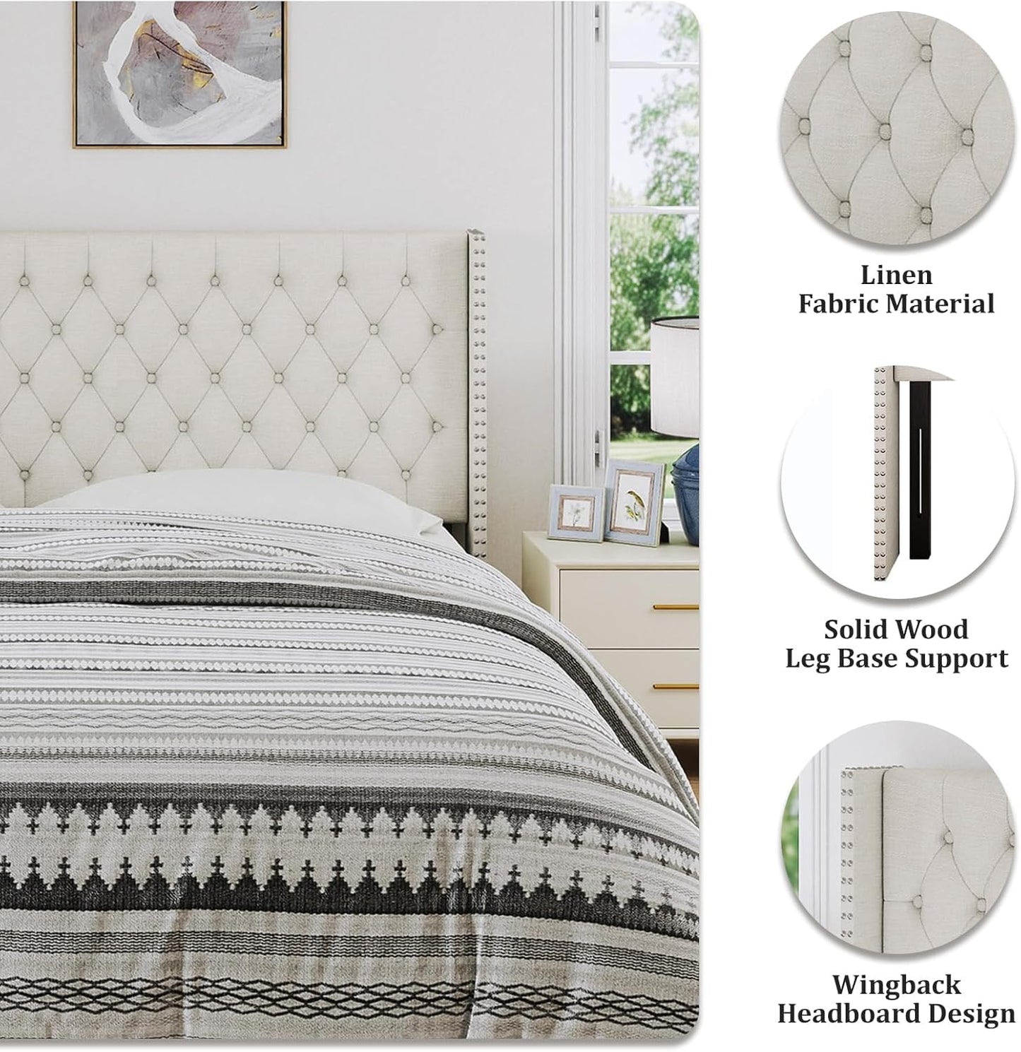 Furpopup King Size Headboard Only, Wingback Wall Mount Headboard King Size for Adjustable Bed Featuring High-Density Sponge Padding, Luxury Texture Easy Assembly Comfort and Style, Ivory