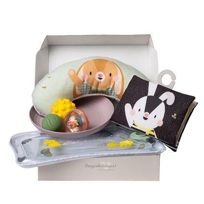 Taf Toys Baby Tummy Time Kit - High Contrast Black and White Crinkle Book, Support Pillow, Activity Water Mat, Sensory Balls, Plate - Newborn Infant Sensory Toy Set