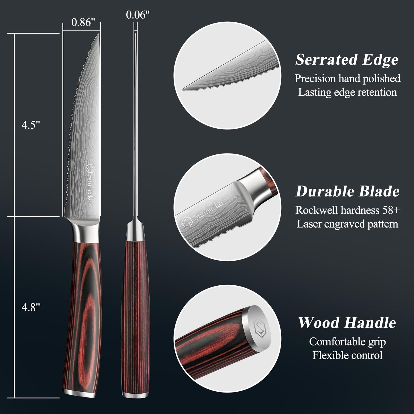 Sunnecko Razor-Sharp Steak Knives Set of 4,Premium Stainless Steel Serrated Steak Knife Set,Pakkawood Handle 4.5 Inch Kitchen Steak Knife with Gift Box